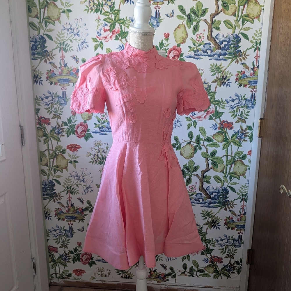 Antonio Melani Pink Iris Linen Mock Neck Mini 3D Floral Dress